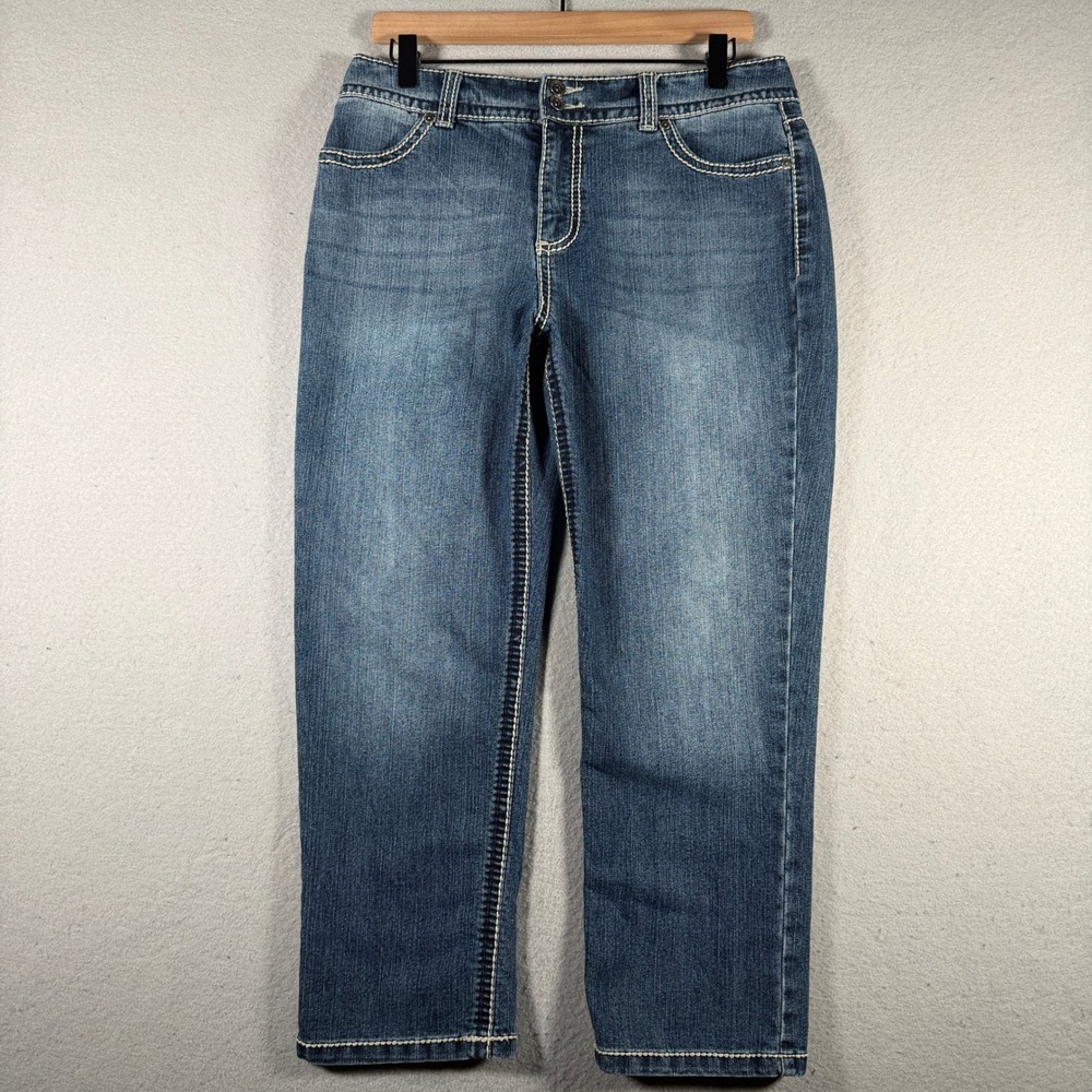 Nine West Jeans Annette Capri Blue Embroidered Sequin Date Night Fit Size 10